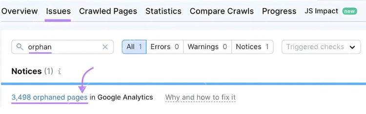 “3,498 orphaned pages” highlighted