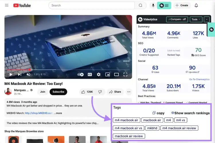 TubeBuddy provides a list of tags in its Videolytics sidebar tool.