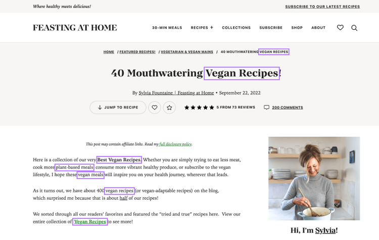 A section of "40 Mouthwatering Vegan Recipes" article, with secondary keywords highlighted in text