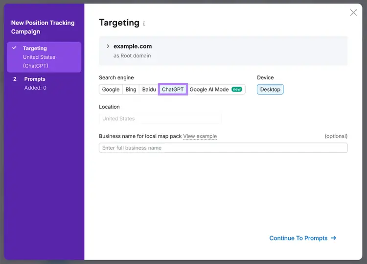 Position tracking setup selecting ChatGPT as search engine with desktop device option.