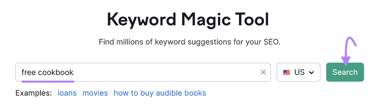 "free cookbook" keyword entered into the Keyword Magic Tool search bar