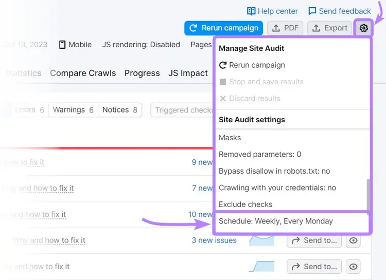 "Schedule: Weekly, Every Monday" option selected under Site Audit settings section of the menu