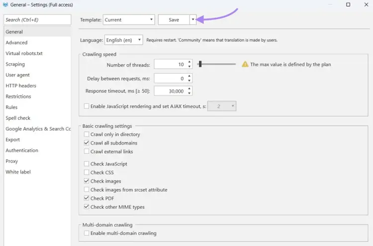 Saving settings as templates on Netpeak Spider.