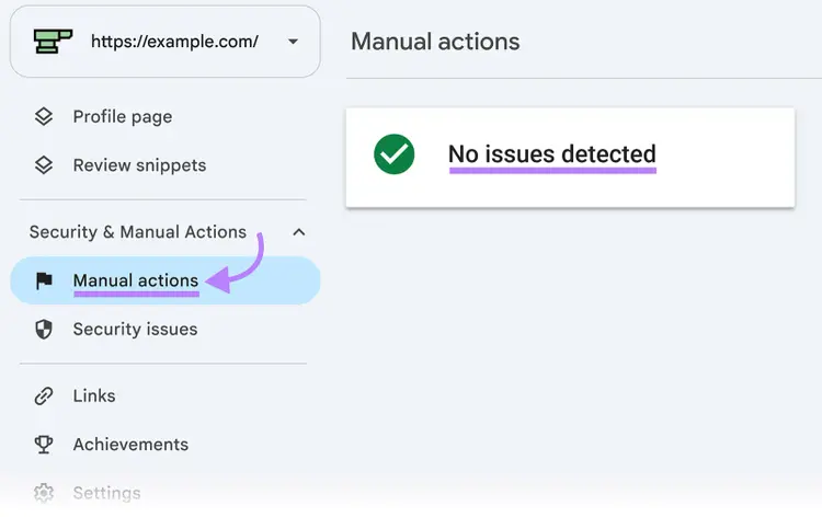 Google Search Console Manual actions report showing no issues detected