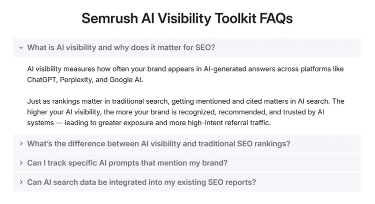 FAQ section explaining AI visibility with expandable questions below the main answer.