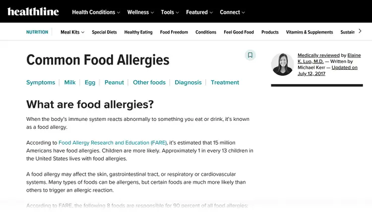 Healthline article about common food allergies, a related page linked from its broader allergies content
