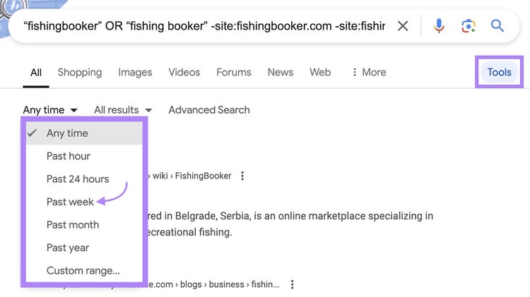 “Tools” at the top of the search results highlighted, as well as the time frame filter drop-down with an arrow pointing toward "Past week."