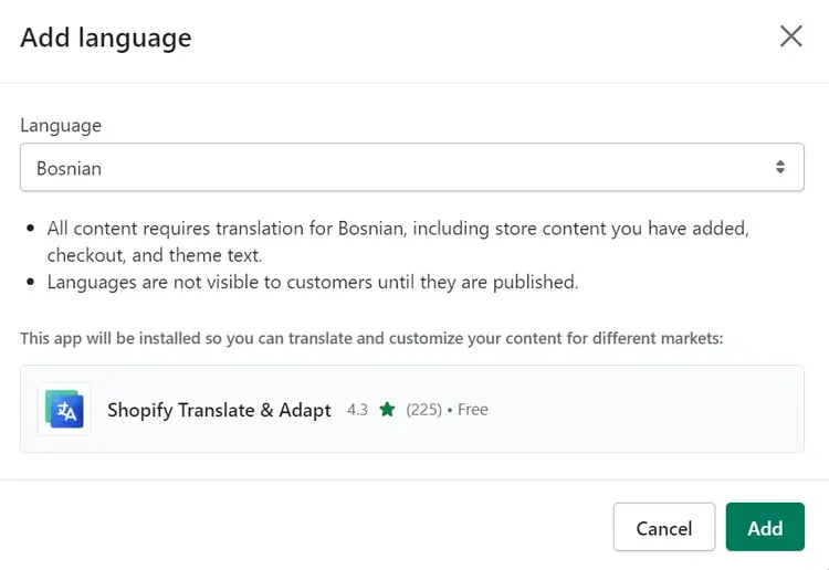 WordPress language addition showing Bosnian with Shopify Translate & Adapt app
