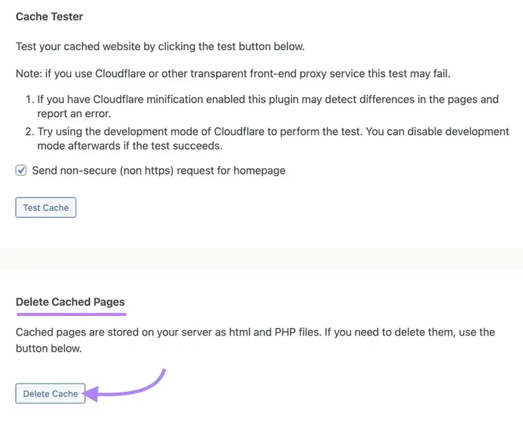 The "Delete Cache" button clicked in the "Delete Cached Pages" section on WordPress.
