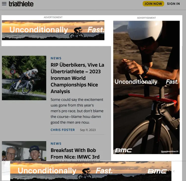 Example of ads showing on triathlete.com