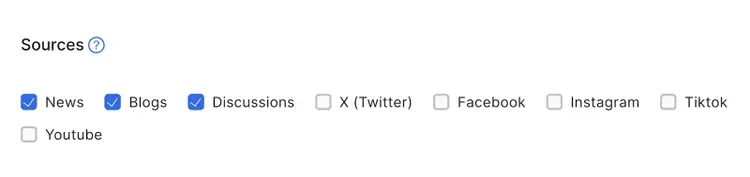 Screenshot: Brand Monitoring Sources filter with News, Blogs, and Discussions selected