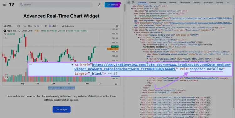 A nofollow link highlighted in TradingView’s stock price widget