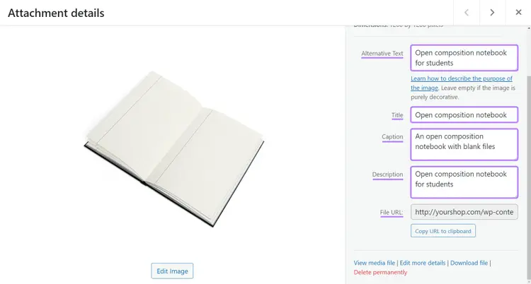 Image optimization fields for an image of a notebook