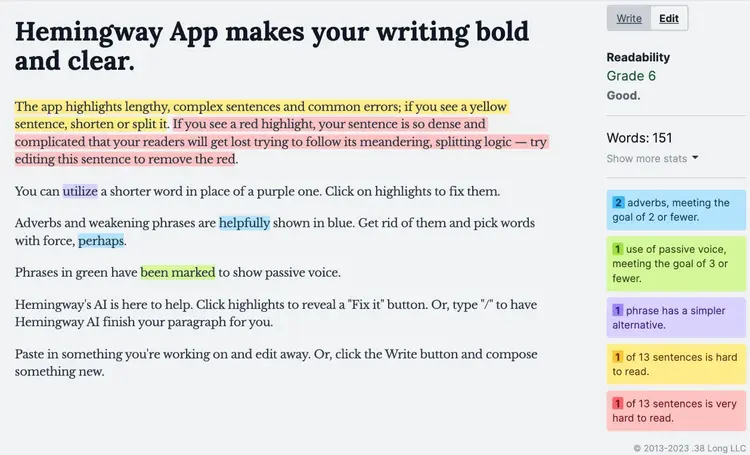 Hemingway App editor