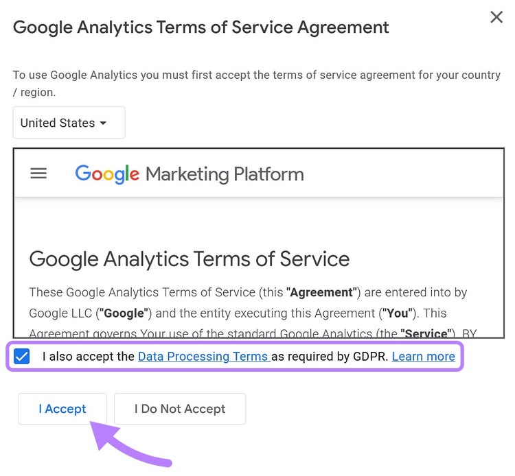 Accept Google Analytics Terms of Service Agreement