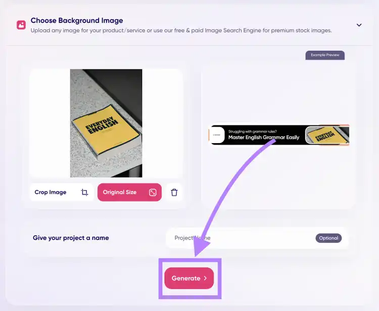 Background image selection interface with crop and Generate options