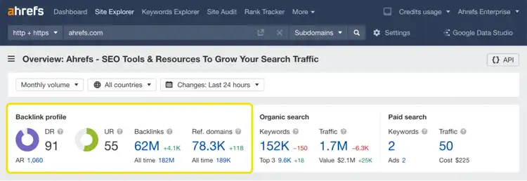 Ahrefs Backlink Checker's overview section