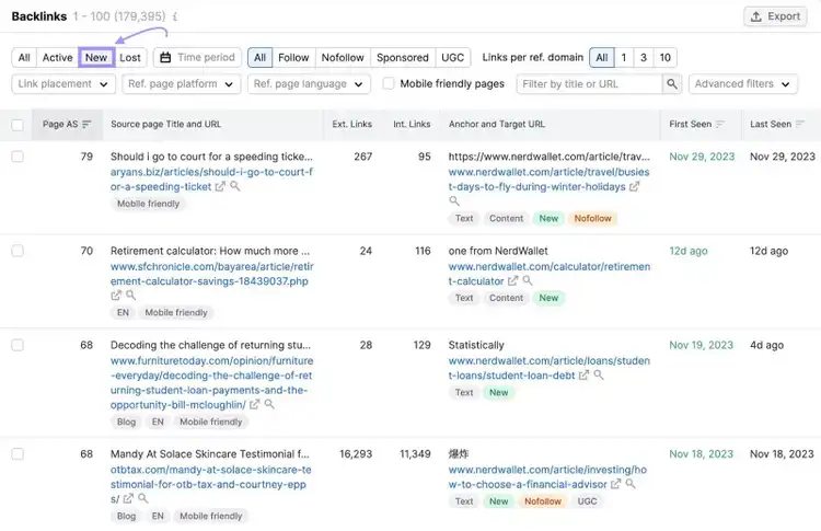 A list of discovered backlinks in Backlinks tool