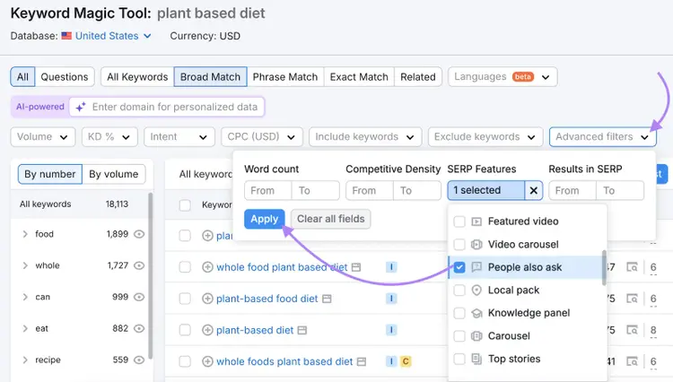 filter for people also ask serp feature