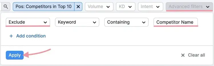 Applying a filter on Keyword Gap to exclude terms with a competitor’s name.
