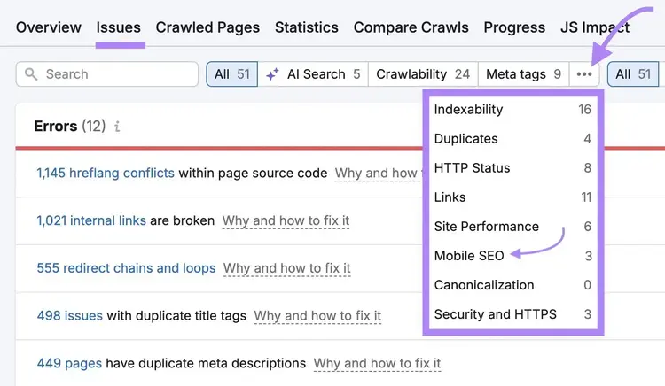 Semrush Site Audit Issues tab with the three-dot menu open and Mobile SEO selected.