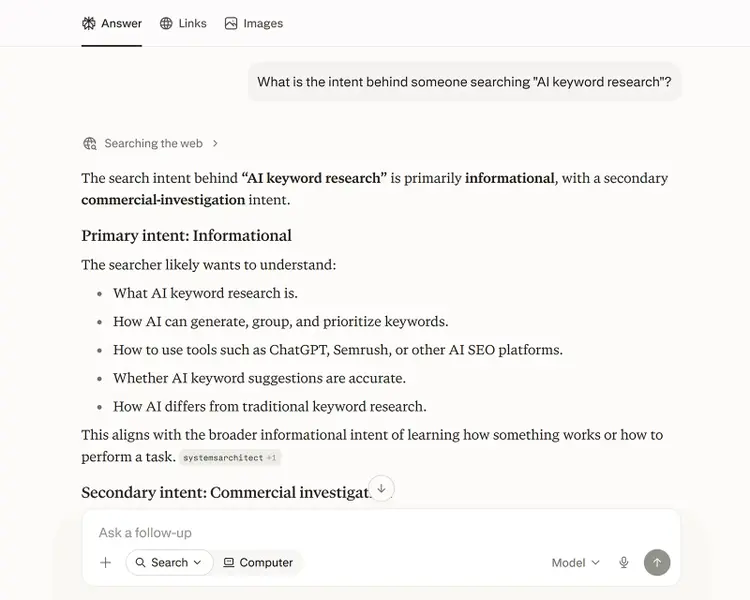 Perplexity describing AI keyword research intent as primarily informational with secondary commercial intent