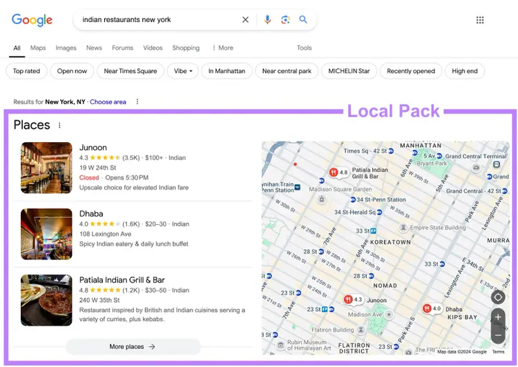 local pack is the list of places and the google maps on the search engine results page
