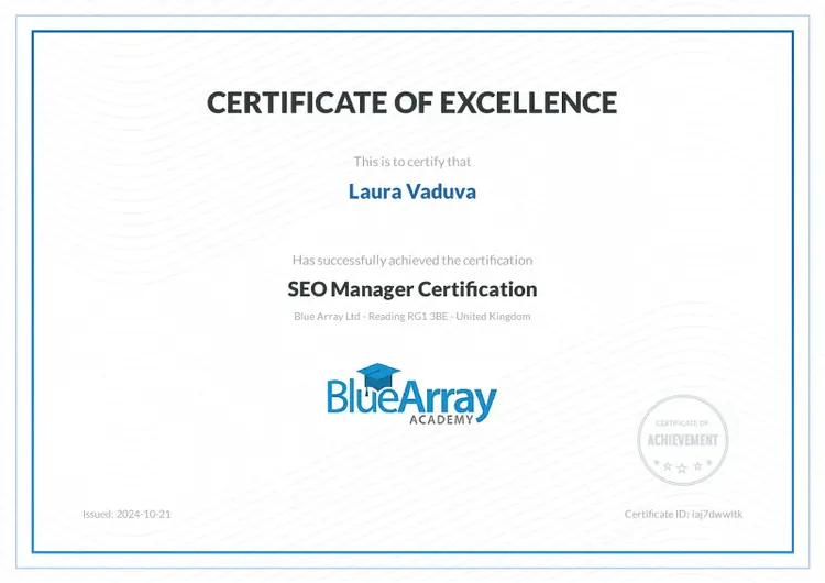 The SEO certificate is for an SEO Manager Certification.