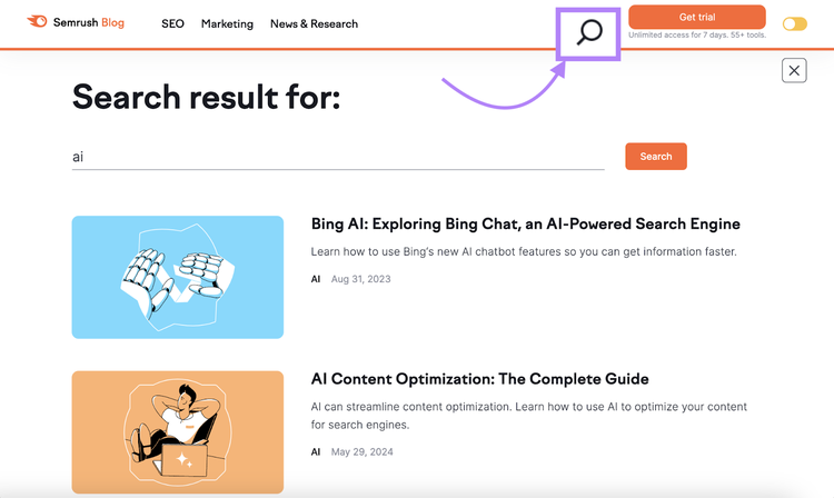 magnifying glass icon highlighted with search for "ai" revealing blog posts related to ai topics