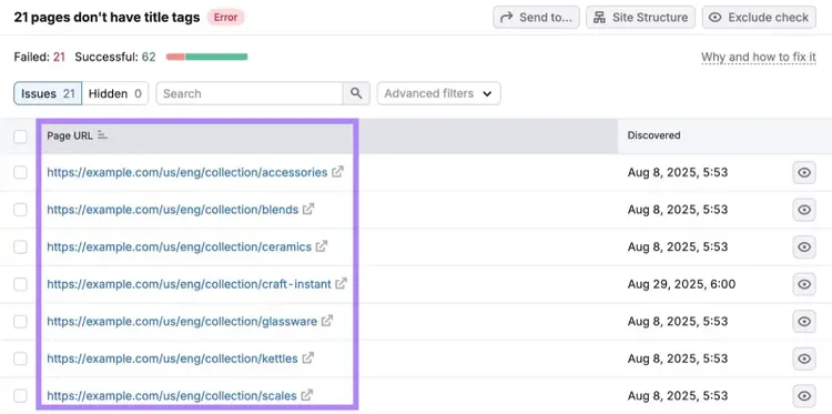 A list of pages with title tag issues on the Site Audit tool.