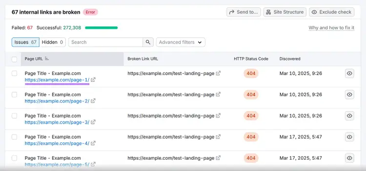 Broken internal links report table with link in first row highlighted