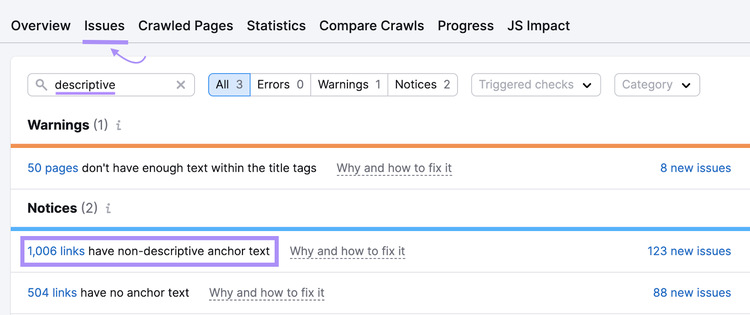 A report for links with non-descriptive anchor text in "Issues" tab