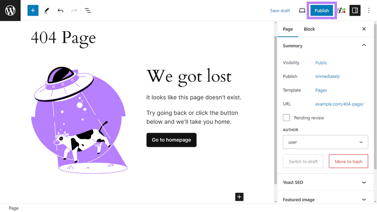 WordPress page editor showing example of a custom 404 page.