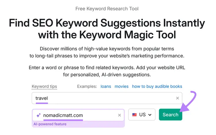 Keyword Magic Tool interface showing “travel” search input and an arrow pointing to the search button.