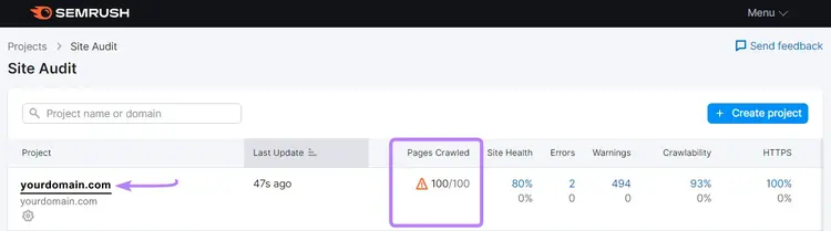 "100/100" appeared under "Pages Crawled" column in Site Audit