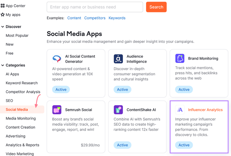 App tiles in Semrush's App Center, with "Influencer Analytics" highlighted with a purple box.