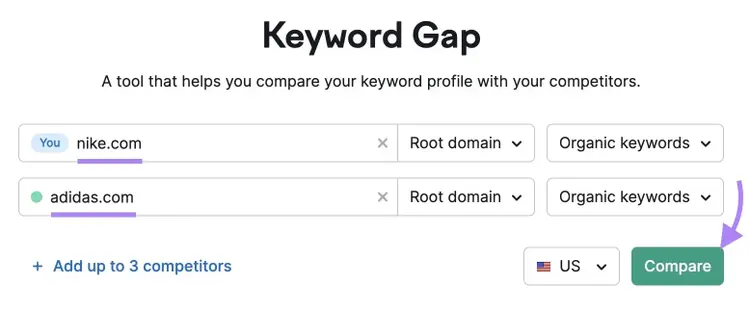 Keyword Gap tool with two competing domains entered and "Compare" clicked.