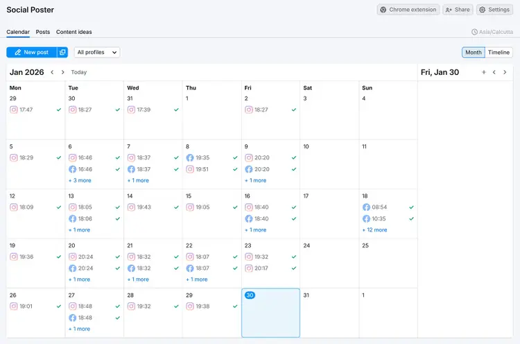 Social Poster social media calendar showing scheduled Instagram and Facebook posts with dates, times, and status icons.