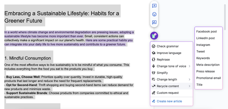 recycle content option chosen to turn the text into a facebook post, instagram post, press release, email, and more