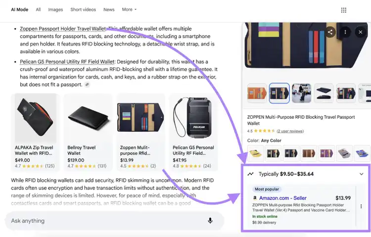 Product citations are listed in the text as well as in a shopping, product bar within the response.
