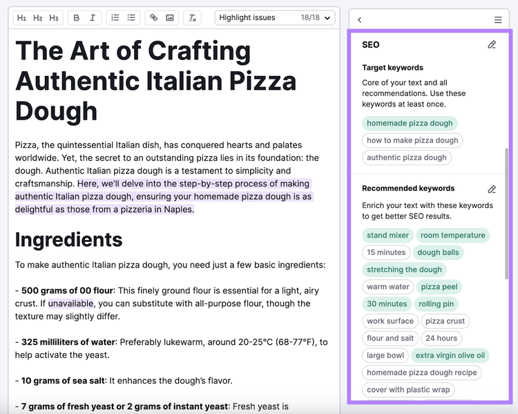 Semantic keywords highlighted in SEO Writing Assistant