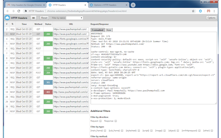 HTTP Headers table listing URLs with status codes, methods, and response details