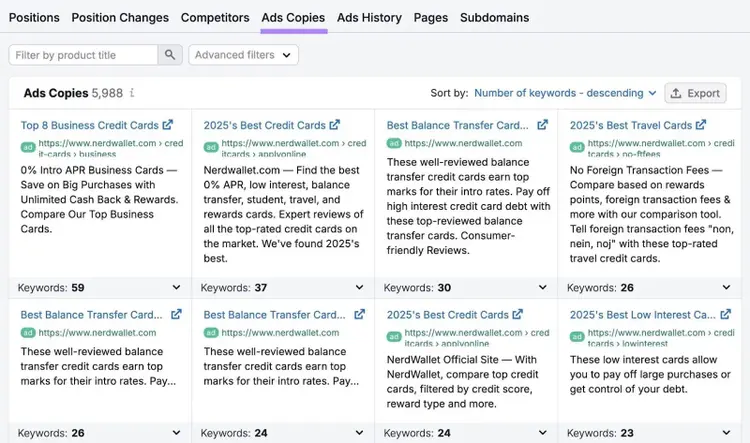 Ads Copies report on Advertising Research showing the exact ad copy used by a domain.