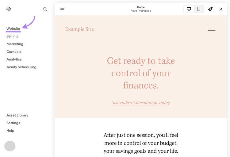 "Website" highlighted in the left-hand menu