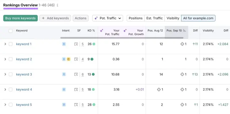 Rankings Overview on Position Tracking showing how tracked keywords perform over time.