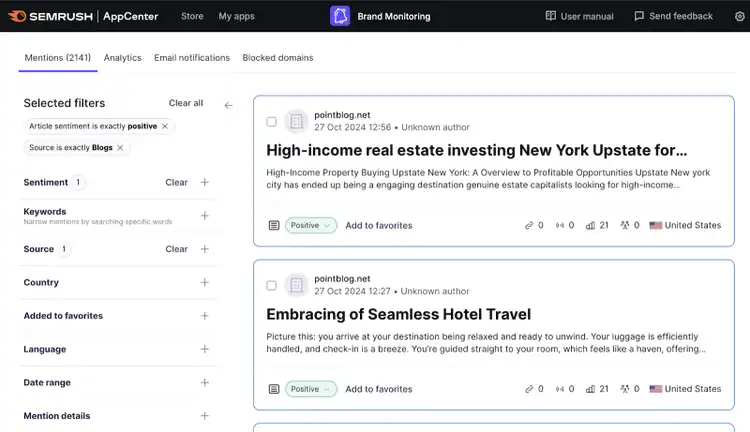 brand mentions filtered for positive sentiment and blog posts as a source