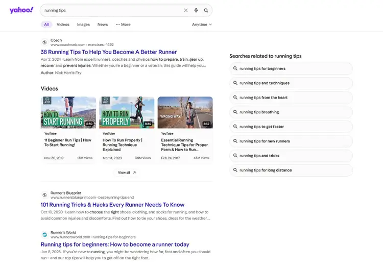 Yahoo results for “running tips” include articles, videos, and a list of related searches like for beginners and technique.