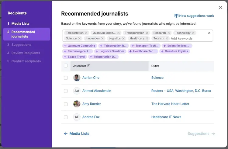 The AI PR Toolkit showing a list of relevant journalists based on a press release's keywords.