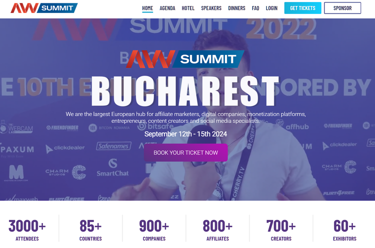 AWSummit Bucharest 2024 website with statistics showing 3000+ attendees and 900+ companies