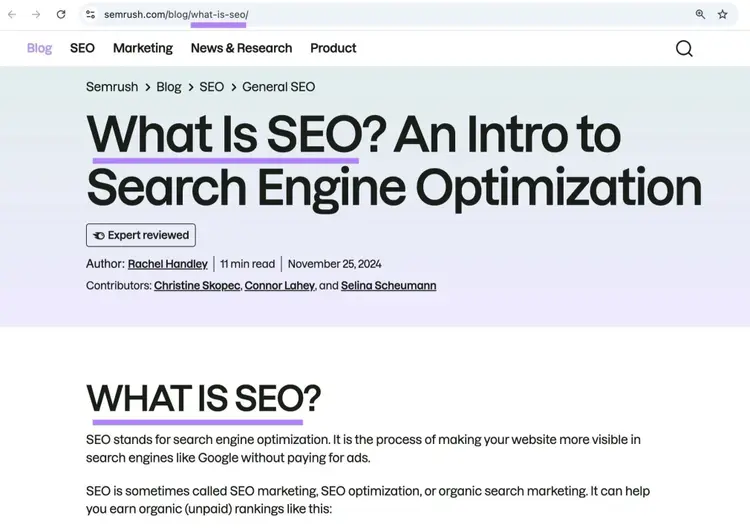 A blog post by Semrush with the target keyword highlighted in the title tag, H1, and URL slug.